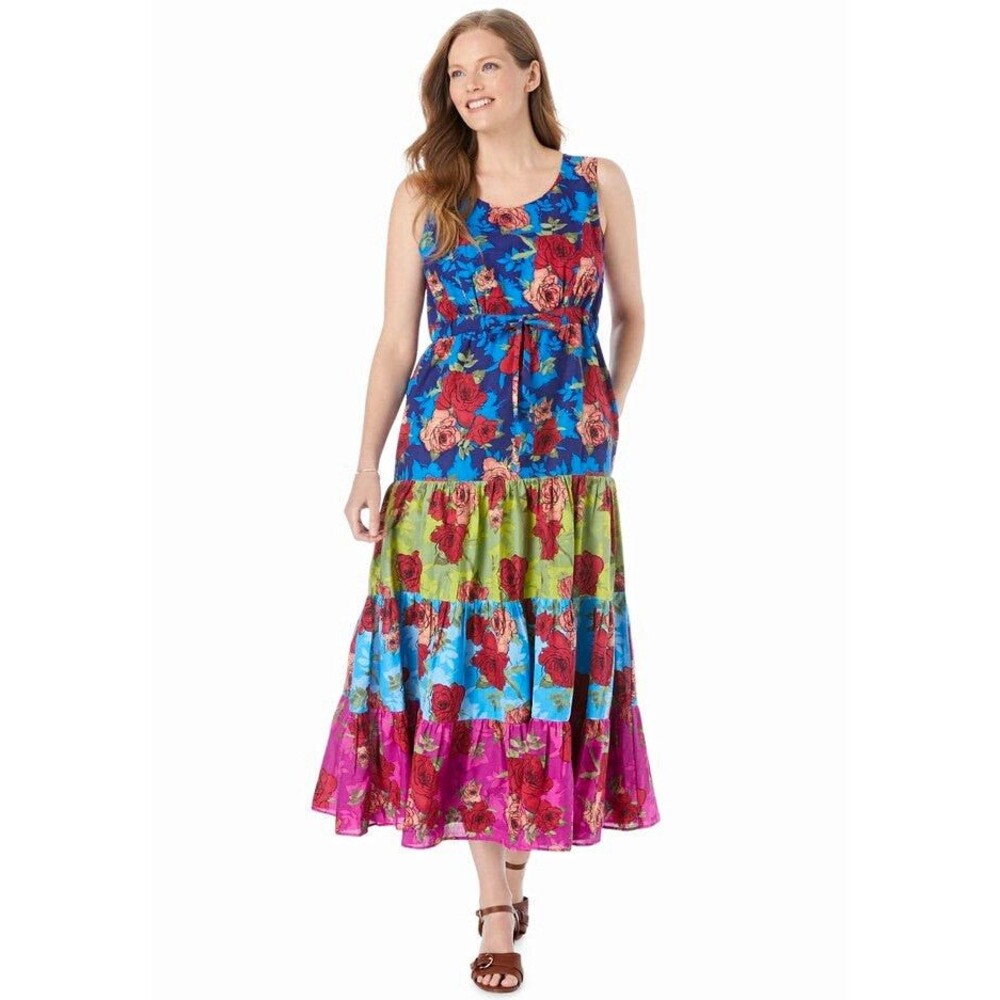 Woman Within Women's 22W/3X Multicolor Floral Maxi Dress Scoop NeckTiered Ruffle